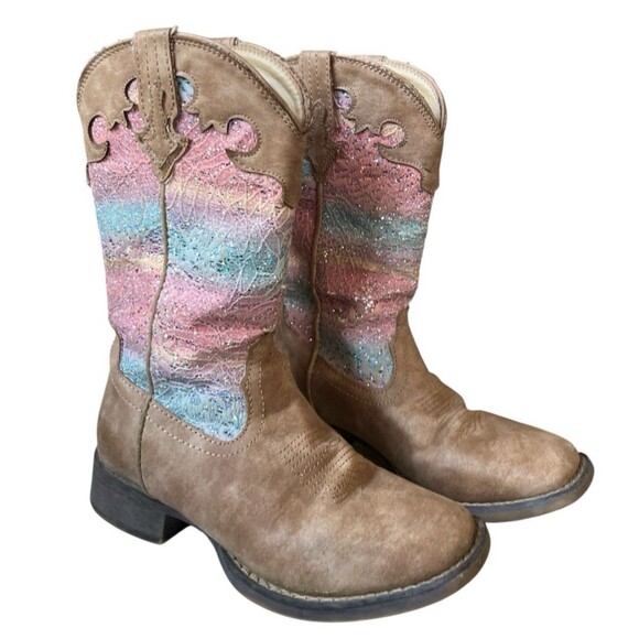 Roper Girls Western Boots Pink Blue Glitter Mid Calf Pull On Square Toe Size 2 - Picture 1 of 7